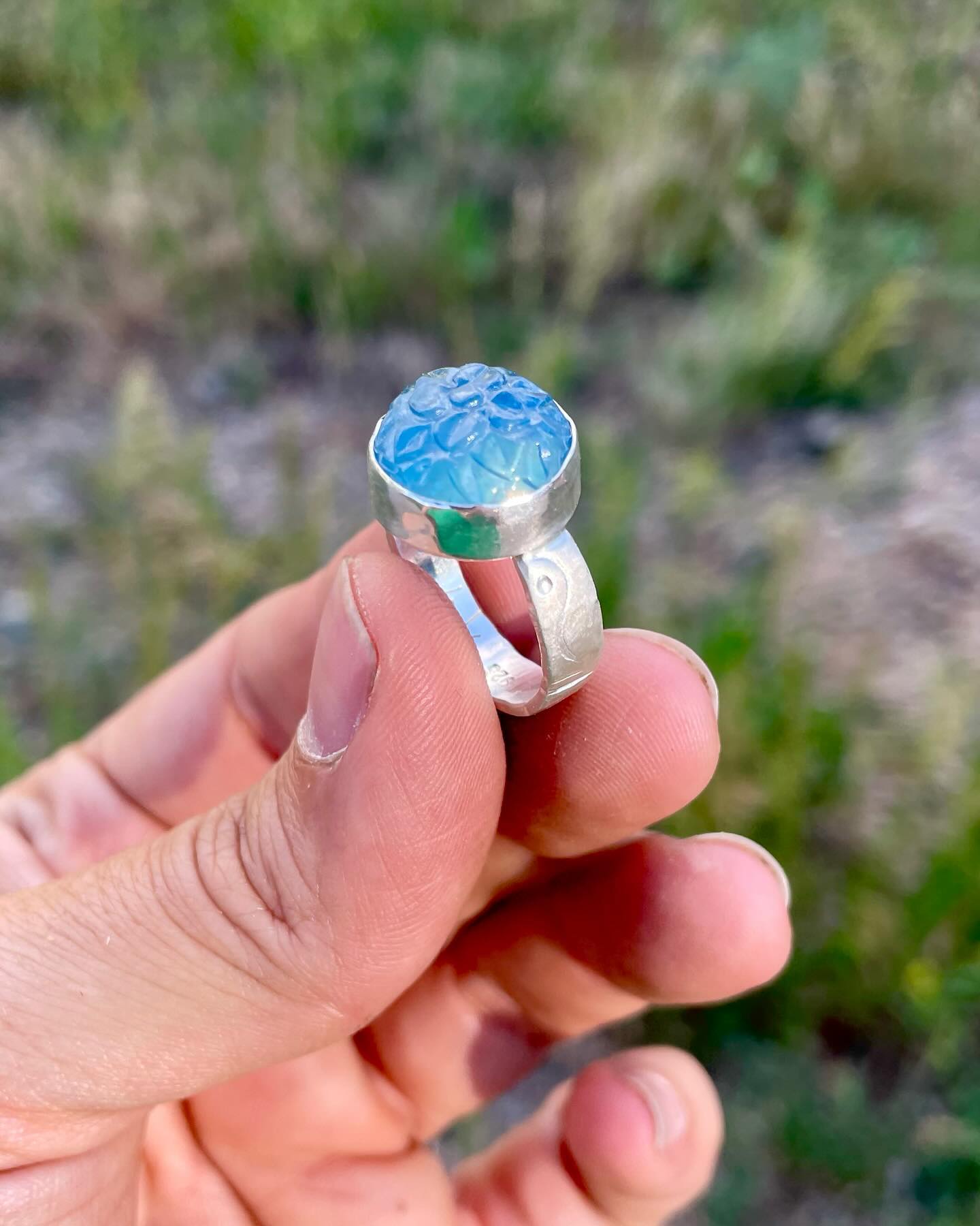 Carved Lotus Aquamarine Ring