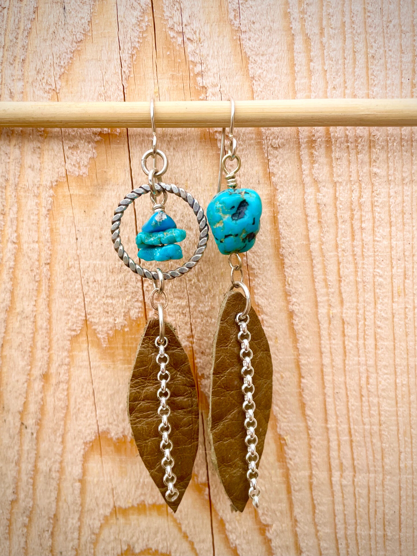 Asymetrical Leather and Antique Turquoise Earrings in Sterling Silver