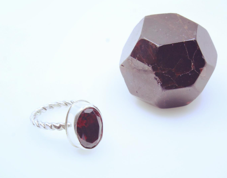Faceted Garnet Ring with Beaded Silver Band