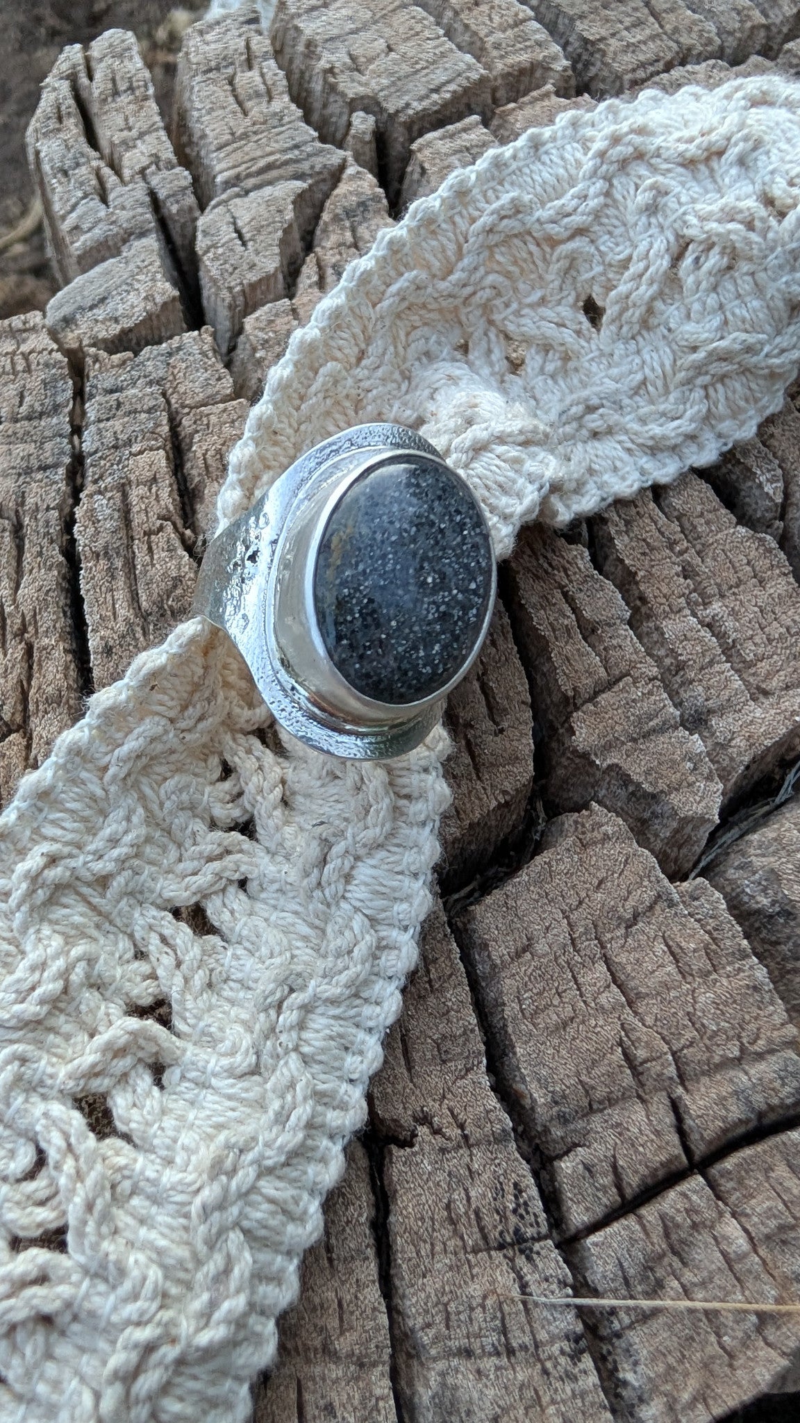 Black Sunstone With Moon Textured Saddleband Ring | Size 9.5