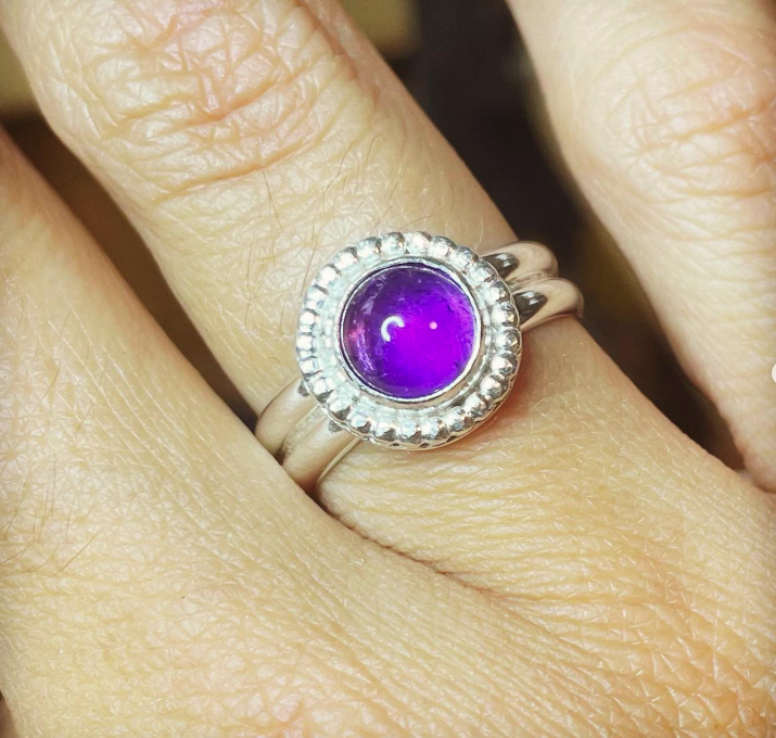 Amethyst Cabochon Ring with Beaded Halo