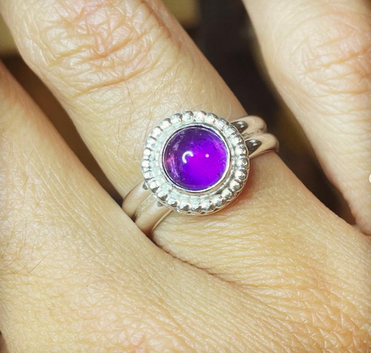 Amethyst Cabochon Ring with Beaded Halo